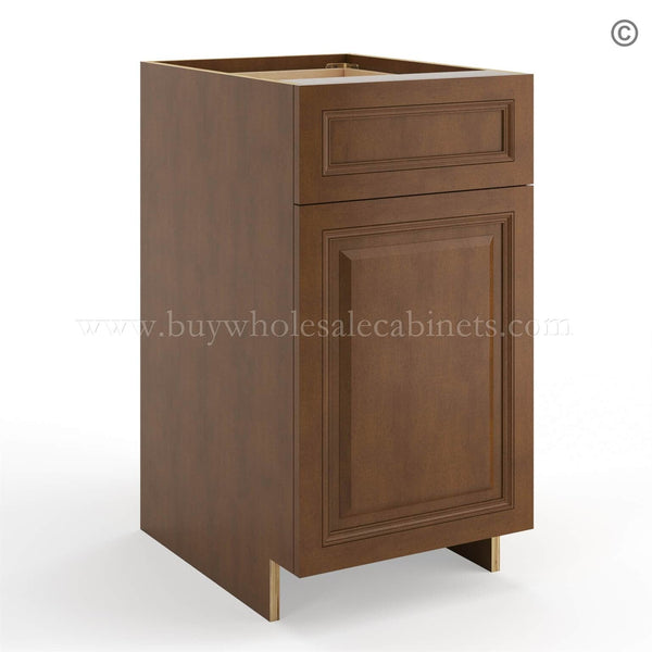 Frameless Classic Chestnut Base Cabinet – 1 Drawer, 1 Door, 1 Shelf