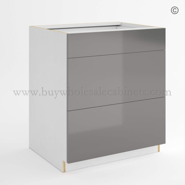 Frameless Gloss Gray Three Drawer Base Cabinet