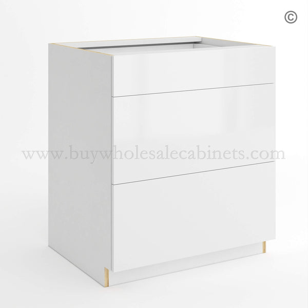 Frameless Gloss White Three Drawer Base Cabinet