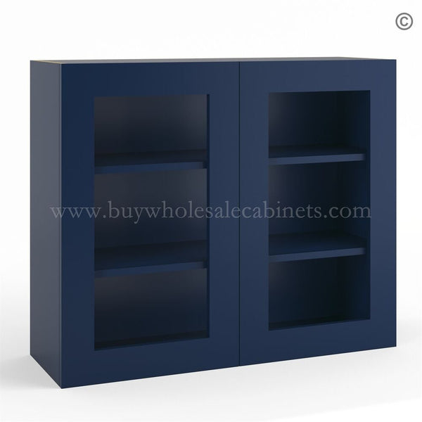Frameless Oxford Blue Wall Mullion Door 30″H – 2 Door 2 Shelves – Glass And Clips Not Included.