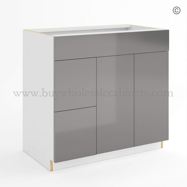 Frameless Gloss Gray Double Drawer Single Dummy Drawer Vanity Combo Base Cabinet 36″W
