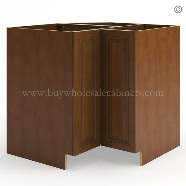 Frameless Classic Chestnut Base Cabinet With Metal Lazy Susan, Folding Doors