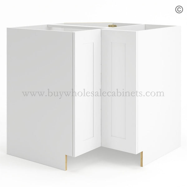 Frameless Modern White Shaker Base Cabinet With Metal Lazy Susan, Folding Doors