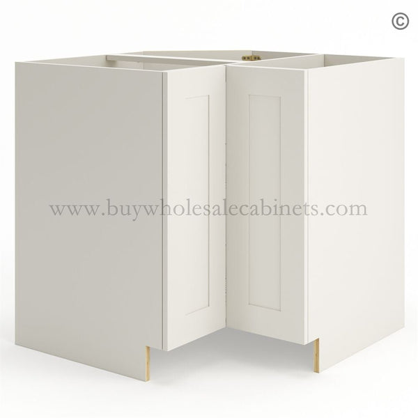 Frameless Pearl White Base Cabinet With Metal Lazy Susan, Folding Doors