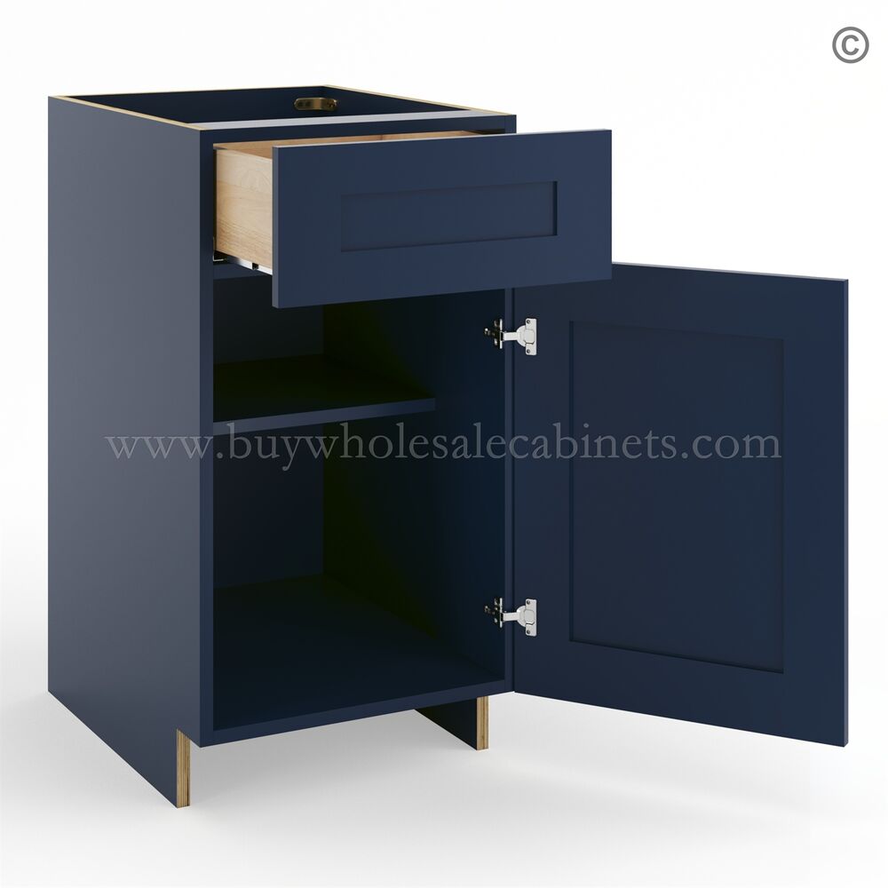 Frameless Oxford Blue Base Cabinet – 1 Drawer, 1 Door, 1 Shelf