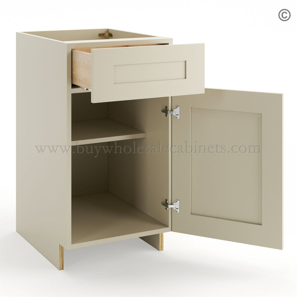Frameless Ivory White Base Cabinet – 1 Drawer, 1 Door, 1 Shelf