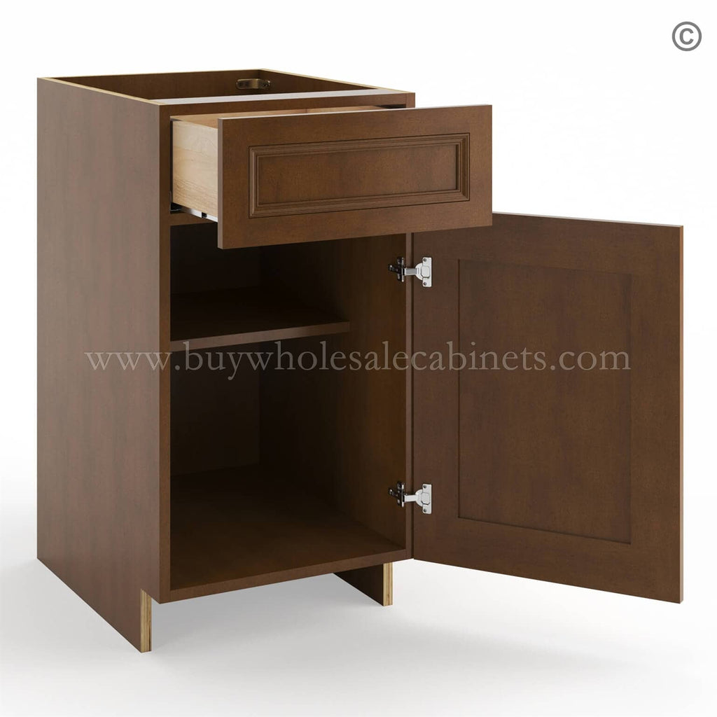 Frameless Classic Chestnut Base Cabinet – 1 Drawer, 1 Door, 1 Shelf