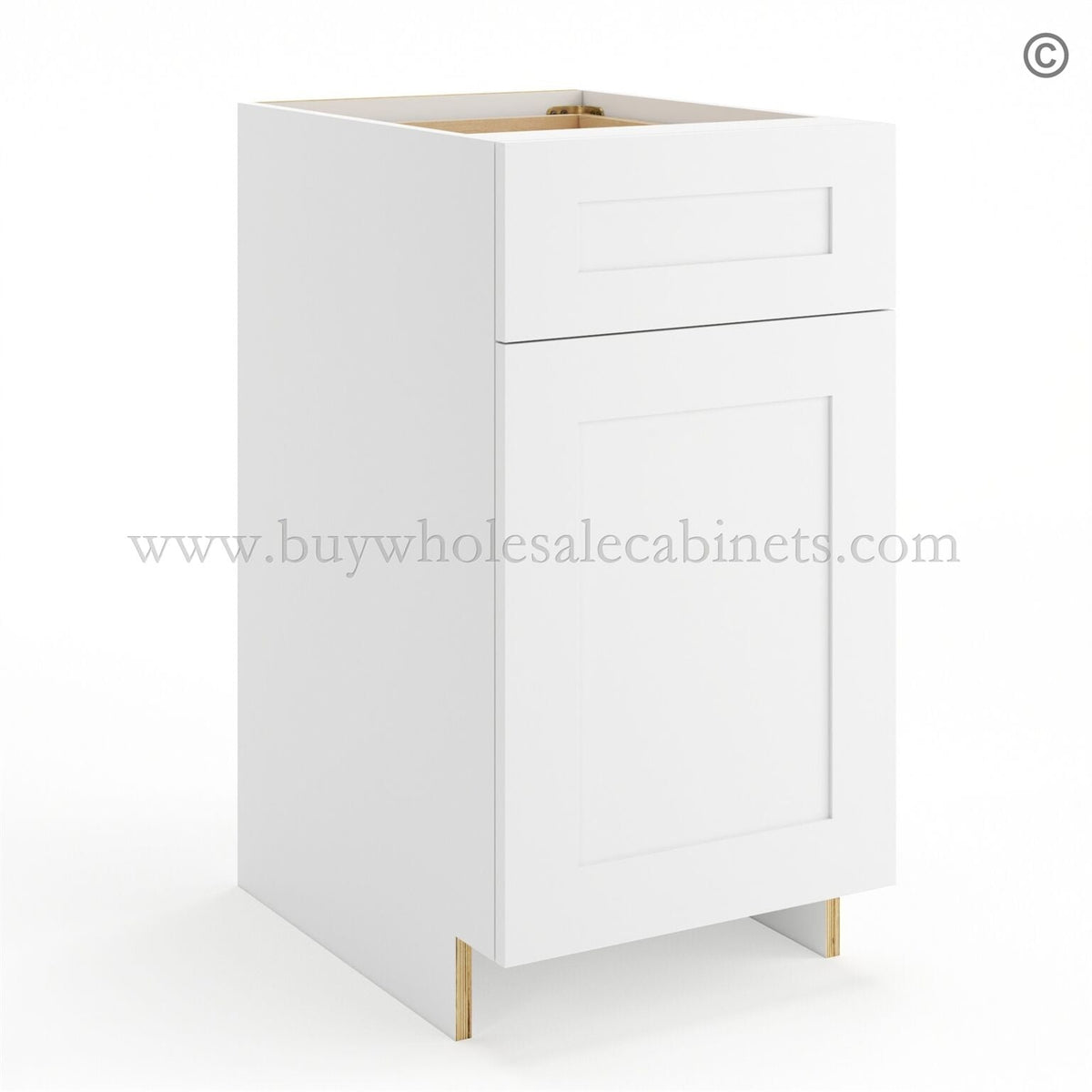 Frameless Modern White Shaker Base Cabinet – 1 Drawer, 1 Door, 1 Shelf