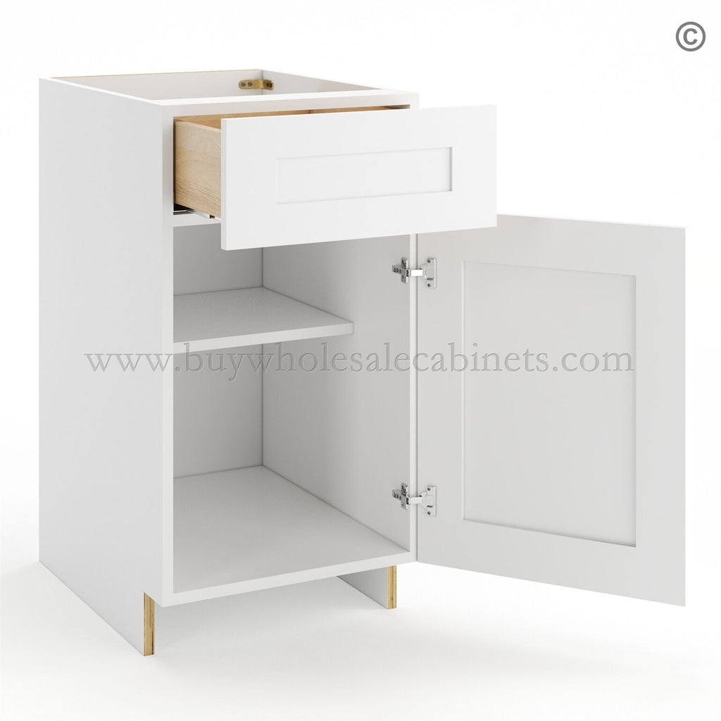 Frameless Modern White Shaker Base Cabinet – 1 Drawer, 1 Door, 1 Shelf