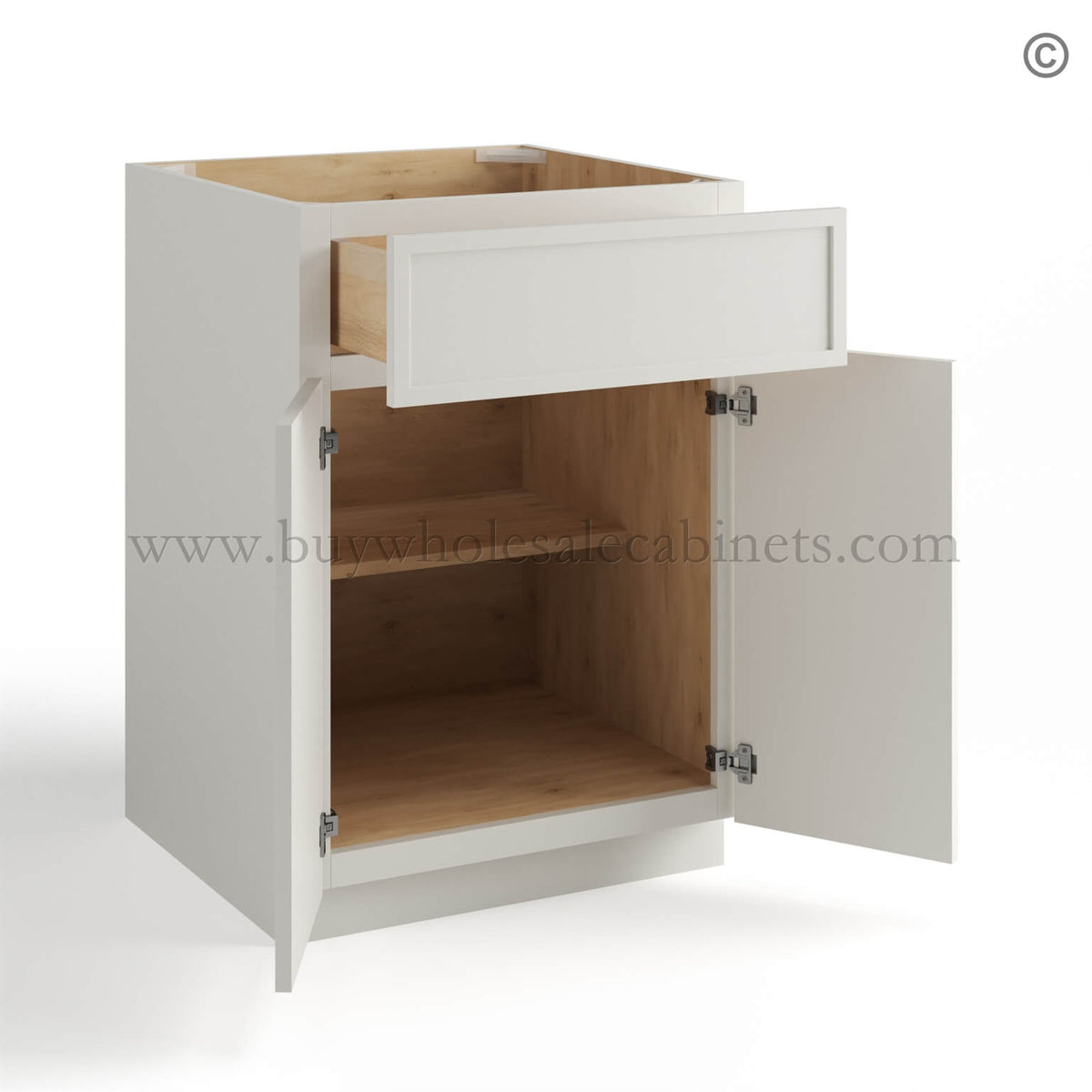 Dove White Slim Shaker Base Cabinet Double Door and Single Drawer