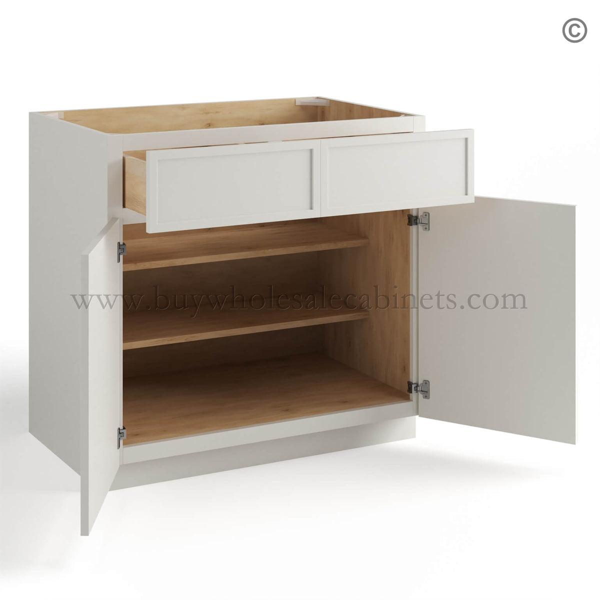 Dove White Slim Shaker Base Cabinet Double Doors and Drawers