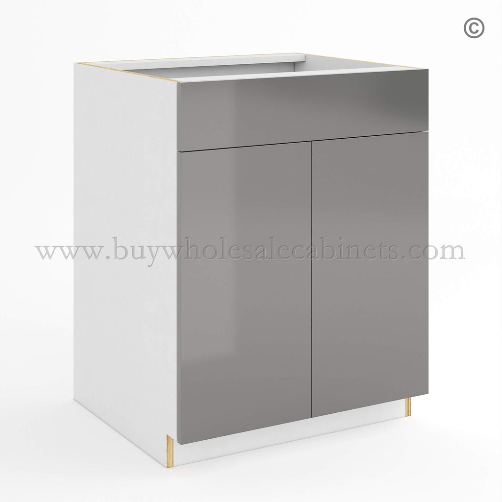 Frameless Gloss Gray Sink Base With Double Doors and Single Dummy Drawer