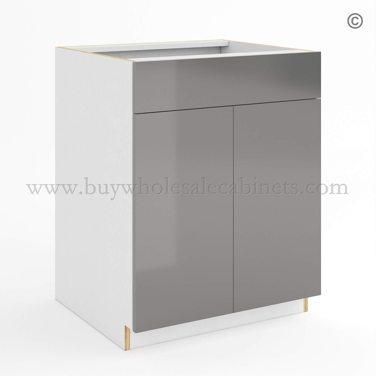 Frameless Gloss Gray Sink Base With Double Doors and Single Dummy Drawer
