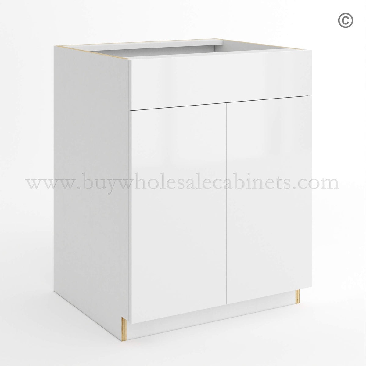 Frameless Gloss White Sink Base With Double Doors and Single Dummy Drawer