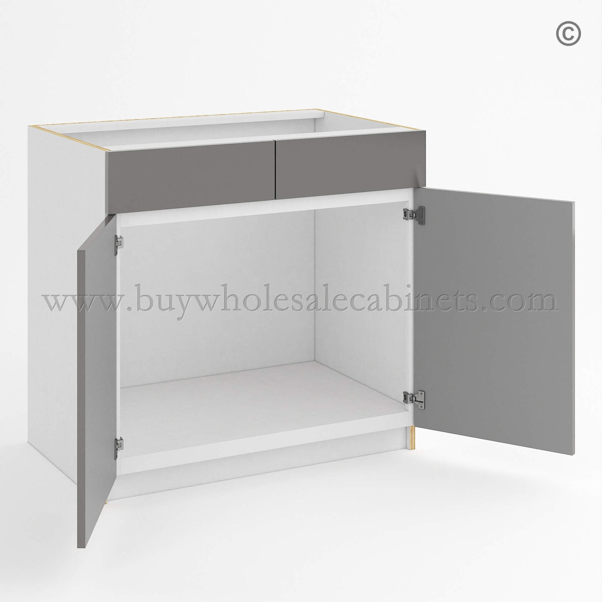 Frameless Gloss Gray Sink Base With Double Doors and Double Dummy Drawer