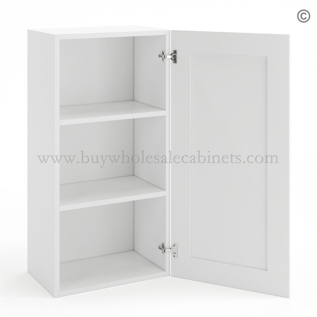 Frameless Modern White Shaker 36″ Tall Wall Cabinet – 1 Door 2 Shelves