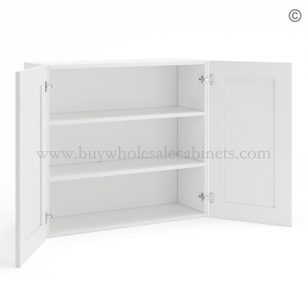 Frameless Modern White Shaker 30″ Tall Wall Cabinet – 2 Doors 2 Shelves