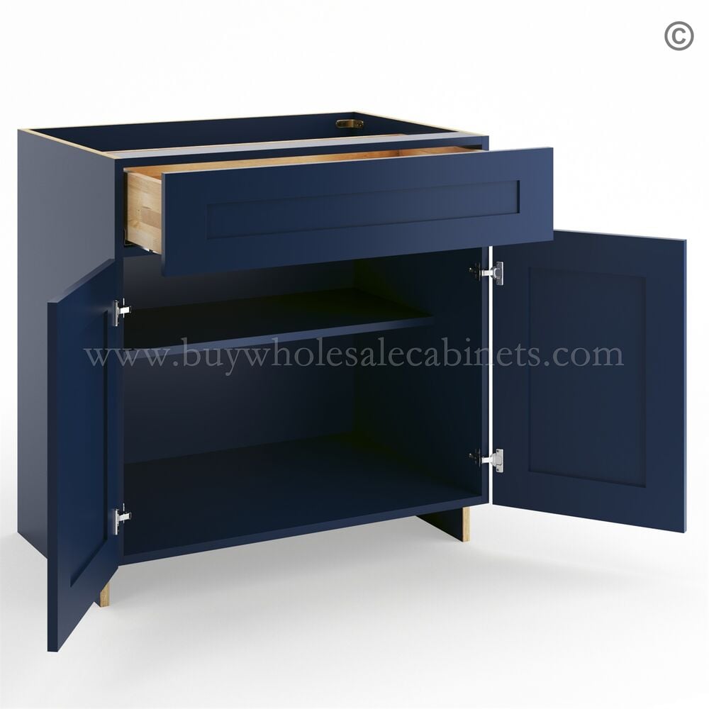 Frameless Oxford Blue Base Cabinet – 1 Drawer, 2 Doors, 1 Shelf