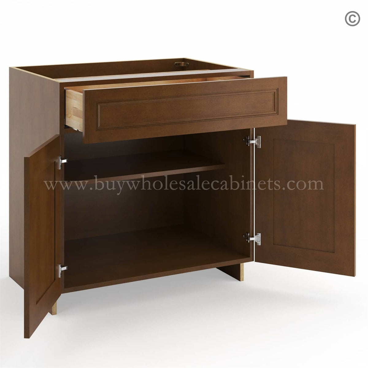 Frameless Classic Chestnut Base Cabinet – 1 Drawer, 2 Doors, 1 Shelf