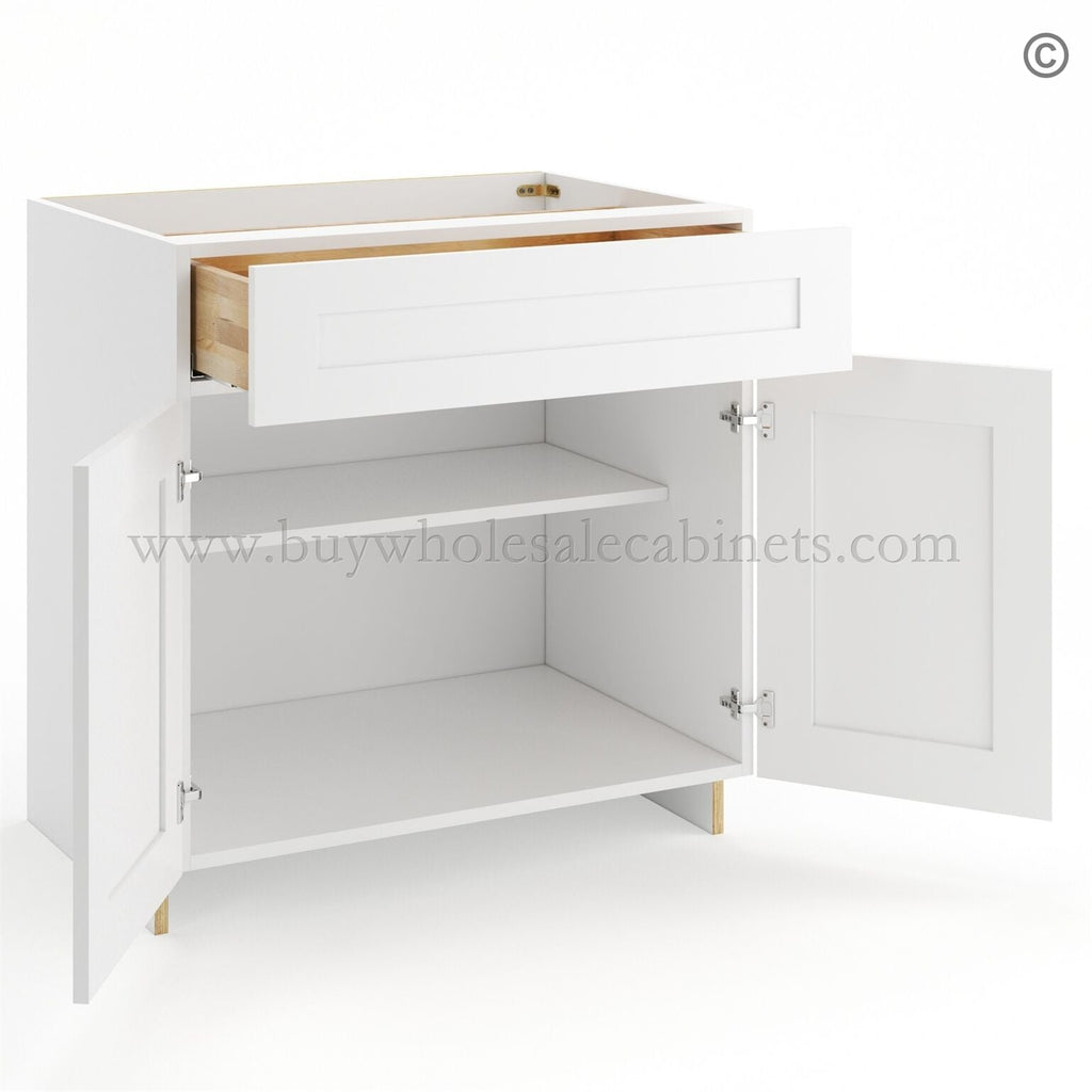 Frameless Modern White Shaker Base Cabinet – 1 Drawer, 2 Doors, 1 Shelf