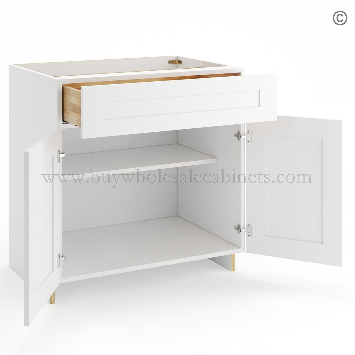 Frameless Modern White Shaker Base Cabinet – 1 Drawer, 2 Doors, 1 Shelf