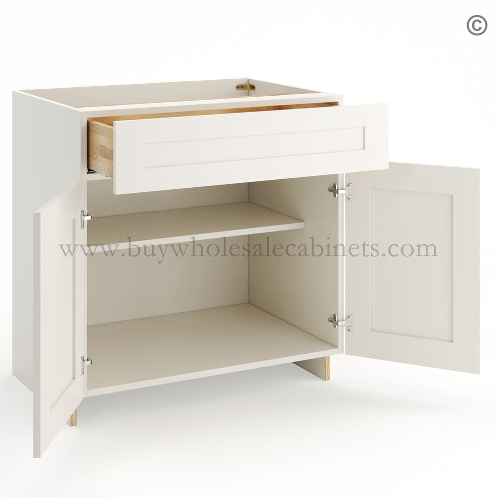 Frameless Pearl White Base Cabinet – 1 Drawer, 2 Doors, 1 Shelf