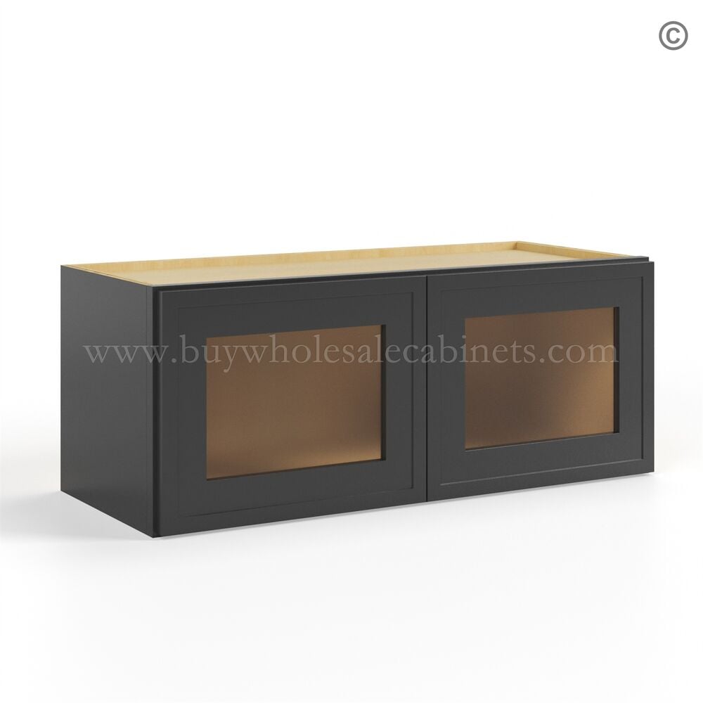 Slim Black Shaker 30″W Double Door Wall Cabinet whit Glass Doors