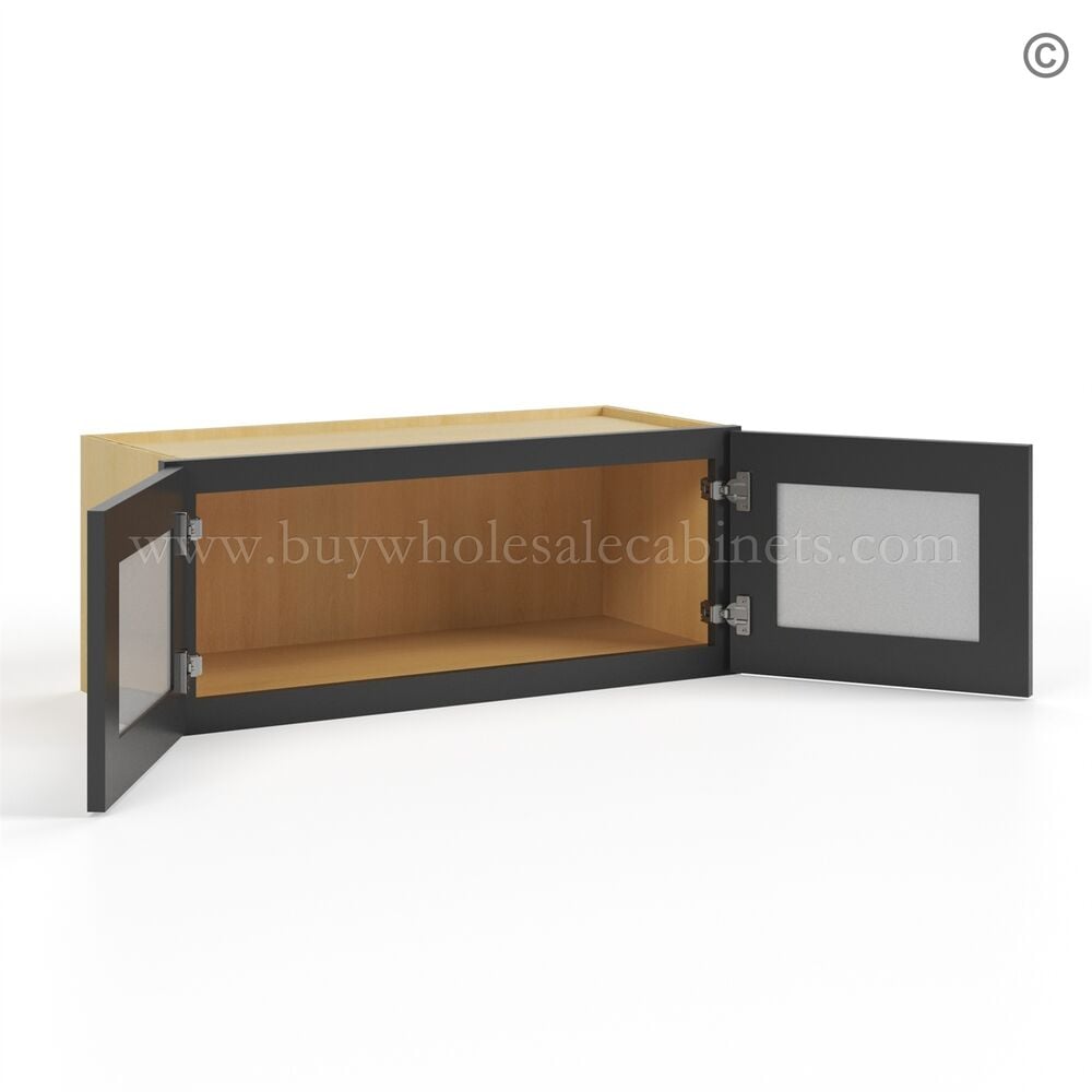 Slim Black Shaker 30″W Double Door Wall Cabinet whit Glass Doors