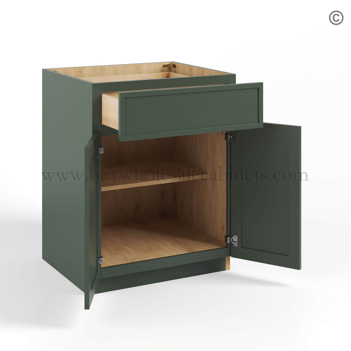Slim Shaker Green Base Cabinet Double Door & Single Drawer