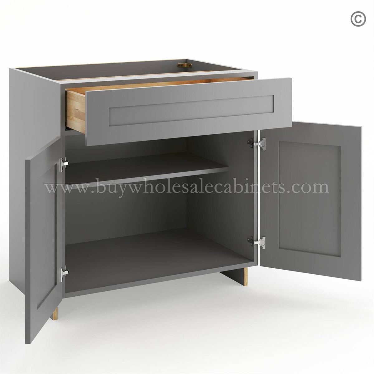 Frameless Graphite Gray Base Cabinet – 1 Drawer, 2 Doors, 1 Shelf