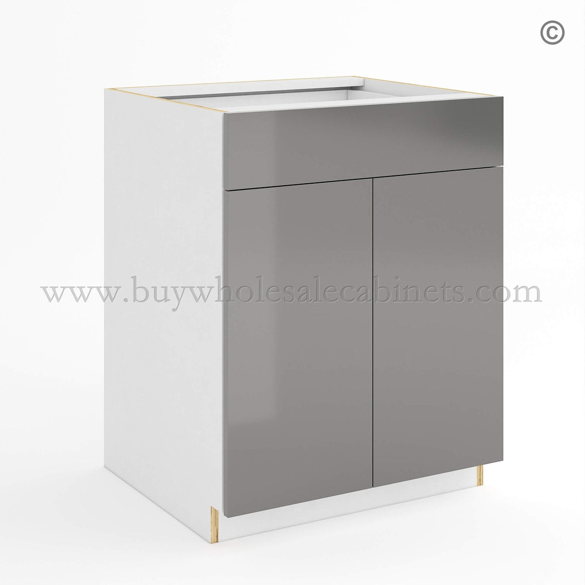 Frameless Gloss Gray Base Cabinet Double Door and Single Drawer