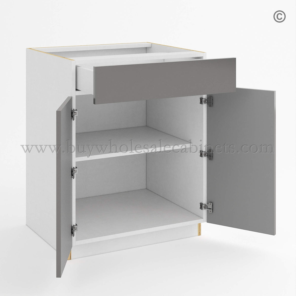 Frameless Gloss Gray Base Cabinet Double Door and Single Drawer
