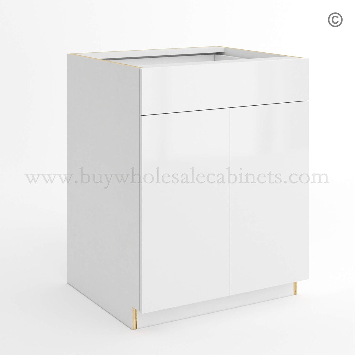 Frameless Gloss White Base Cabinet Double Door and Single Drawer