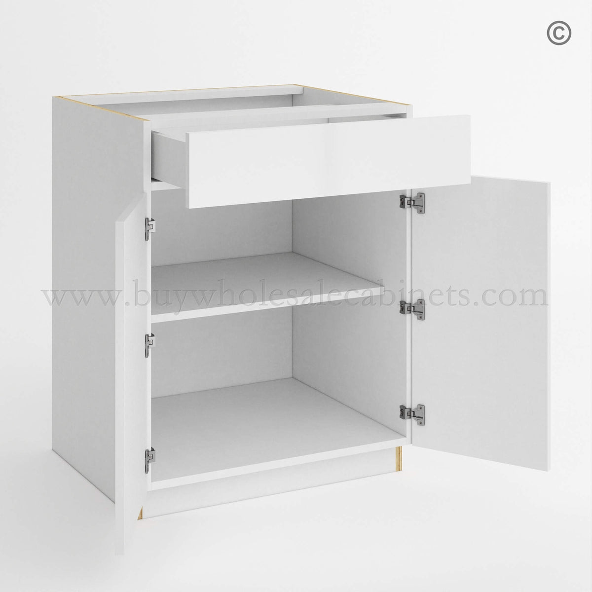 Frameless Gloss White Base Cabinet Double Door and Single Drawer