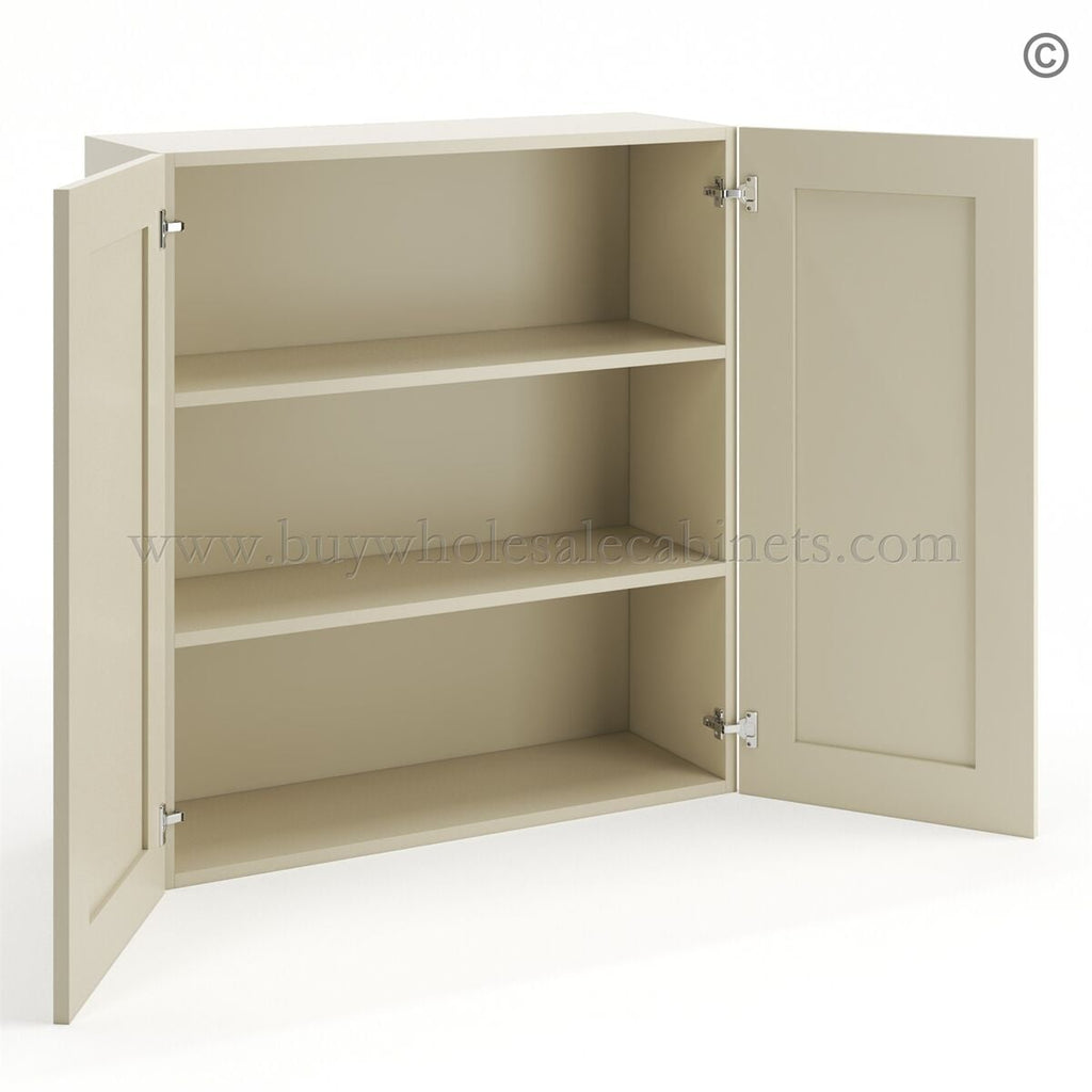Frameless Ivory White 36″ Tall Wall Cabinet – 2 Doors 2 Shelves