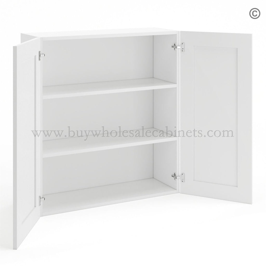 Frameless Modern White Shaker 36″ Tall Wall Cabinet – 2 Doors 2 Shelves