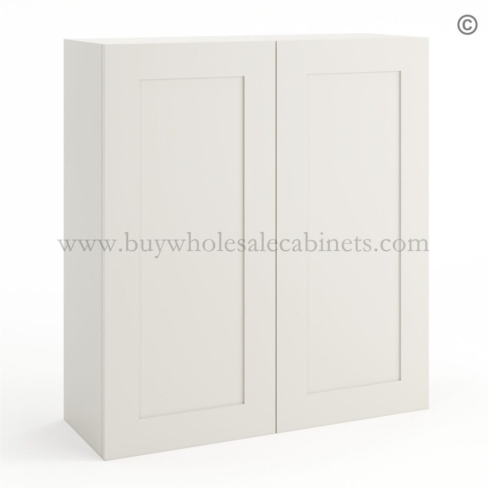 Frameless Pearl White 36″ Tall Wall Cabinet – 2 Doors 2 Shelves