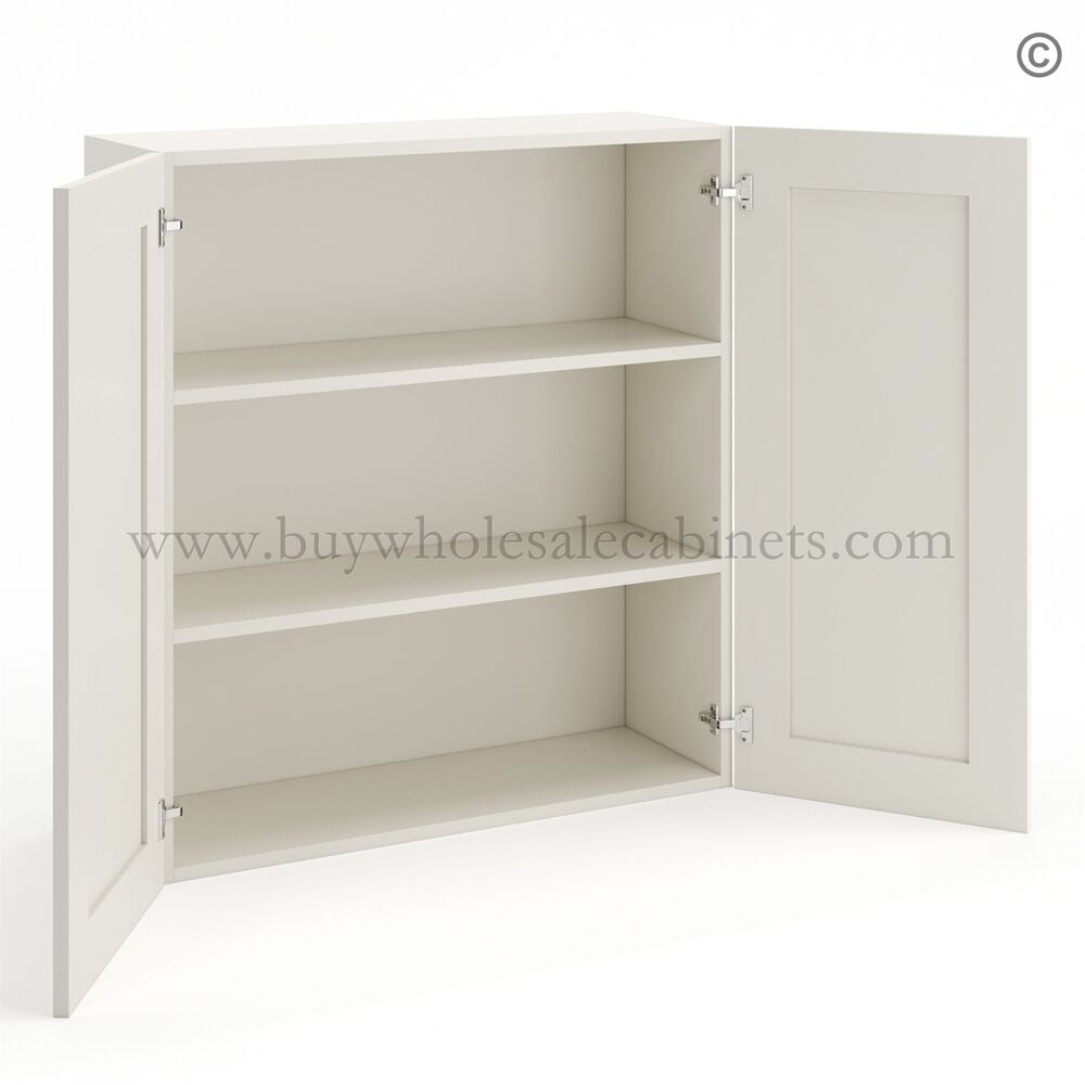 Frameless Pearl White 36″ Tall Wall Cabinet – 2 Doors 2 Shelves