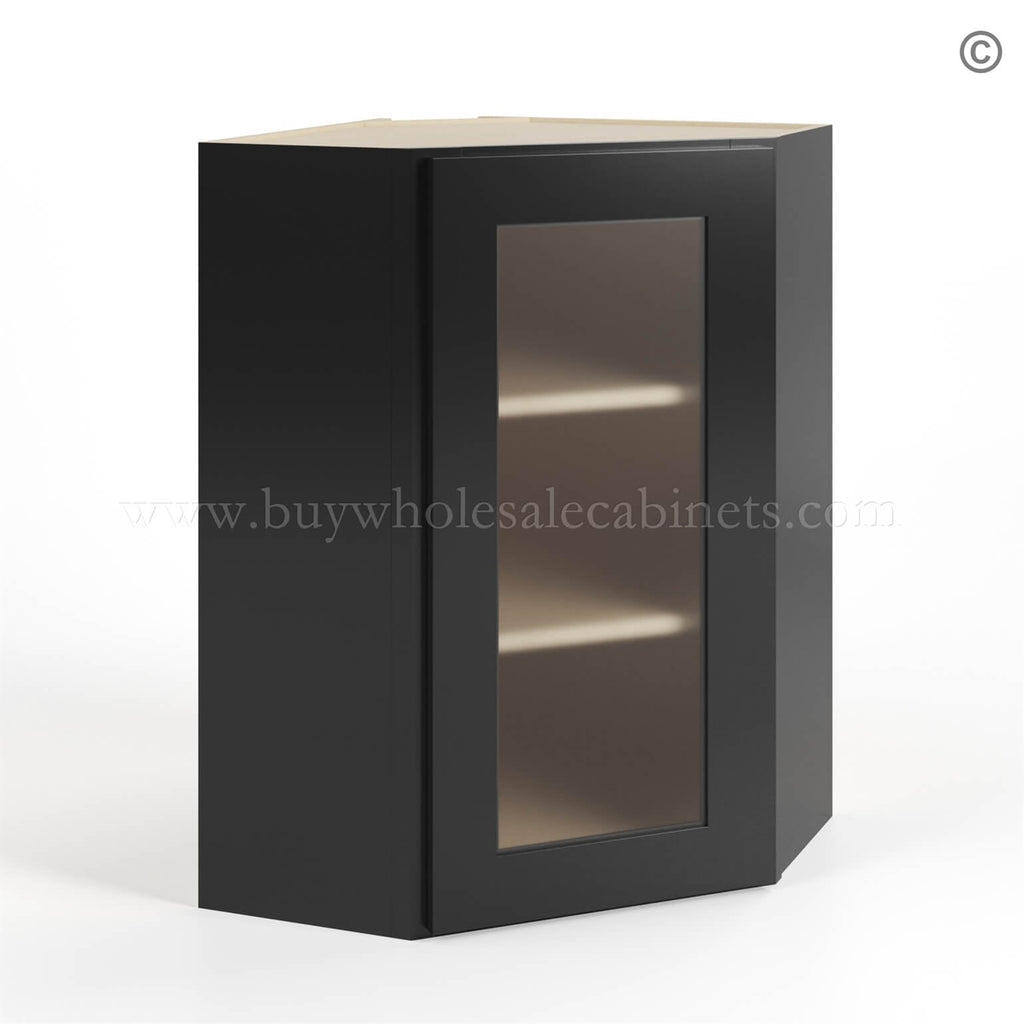 Black Shaker 24″ Diagonal Corner Wall Cabinet with Glass Door
