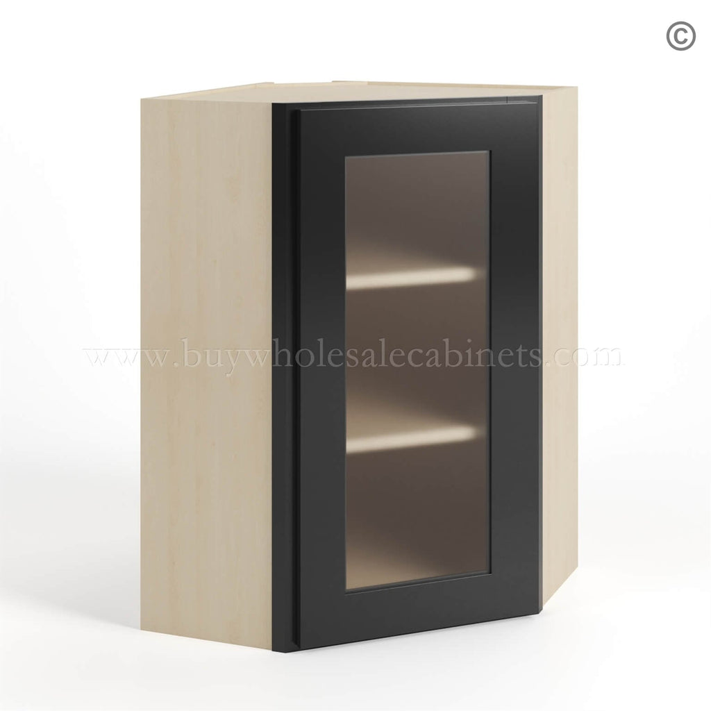 Black Shaker 24″ Diagonal Corner Wall Cabinet with Glass Door