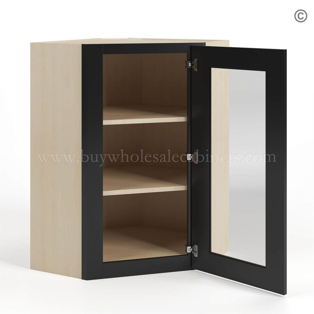 Black Shaker 24″ Diagonal Corner Wall Cabinet with Glass Door