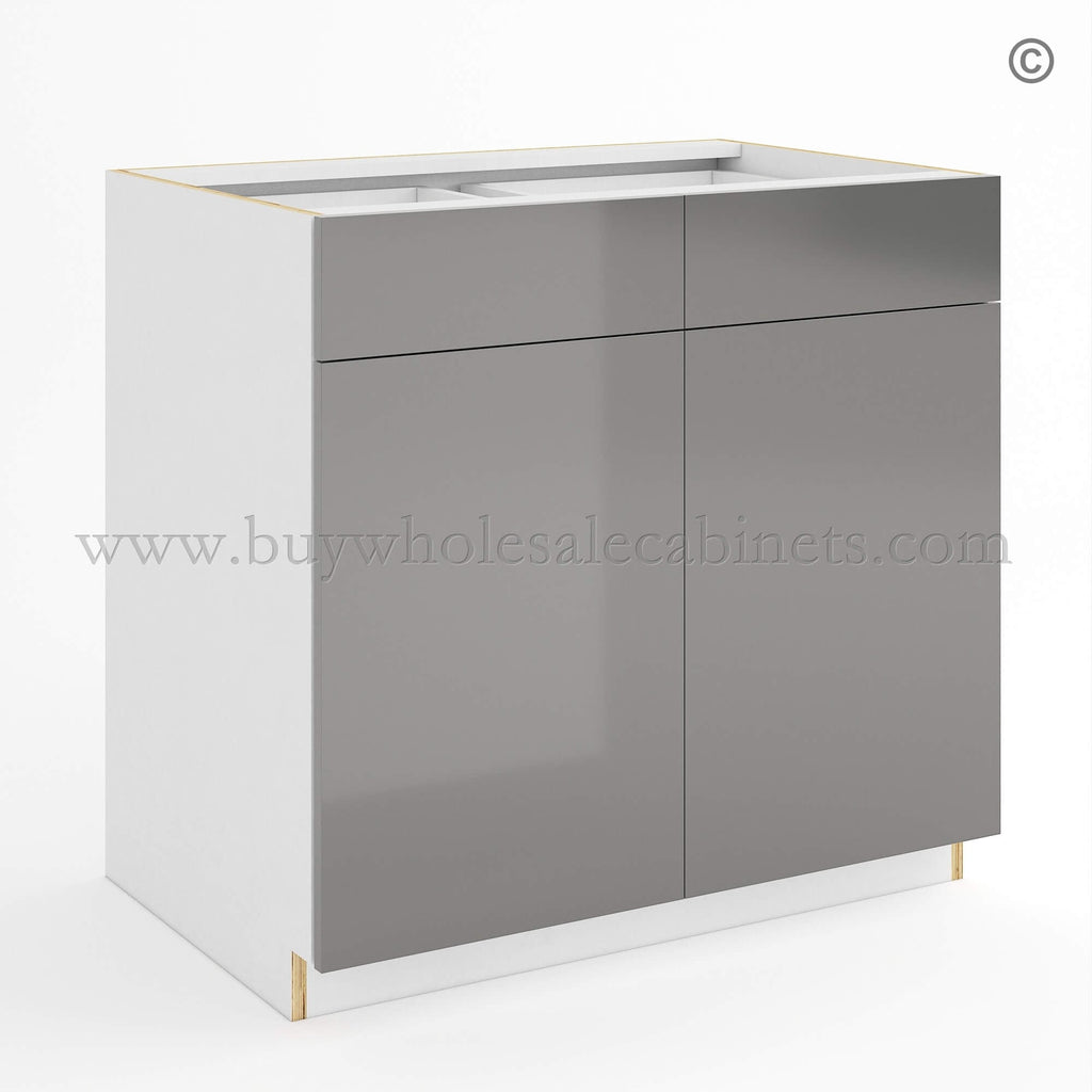 Frameless Gloss Gray Base Cabinet Double Door and Double Drawer
