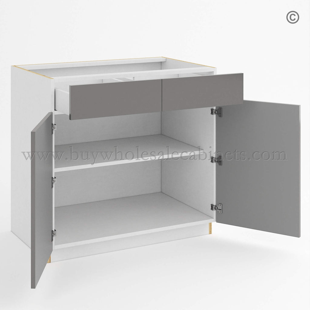 Frameless Gloss Gray Base Cabinet Double Door and Double Drawer
