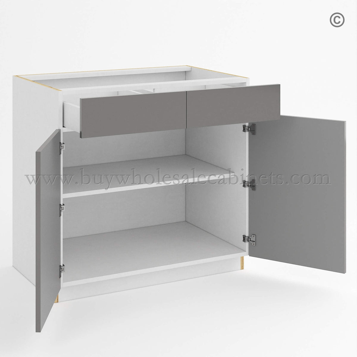 Frameless Gloss Gray Base Cabinet Double Door and Double Drawer