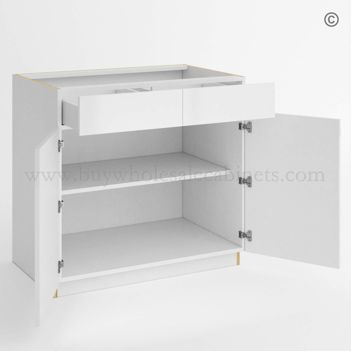 Frameless Gloss White Base Cabinet Double Door and Double Drawer