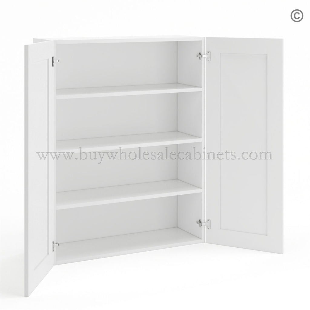 Frameless Modern White Shaker 42″ Tall Wall Cabinet – 2 Doors 3 Shelves