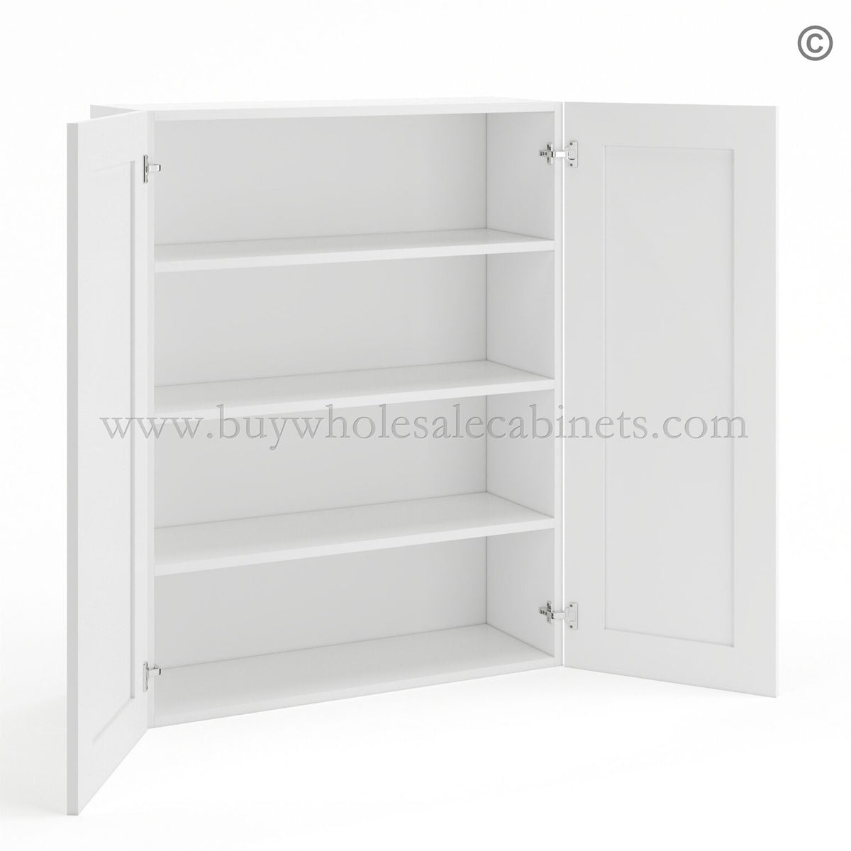 Frameless Modern White Shaker 42″ Tall Wall Cabinet – 2 Doors 3 Shelves