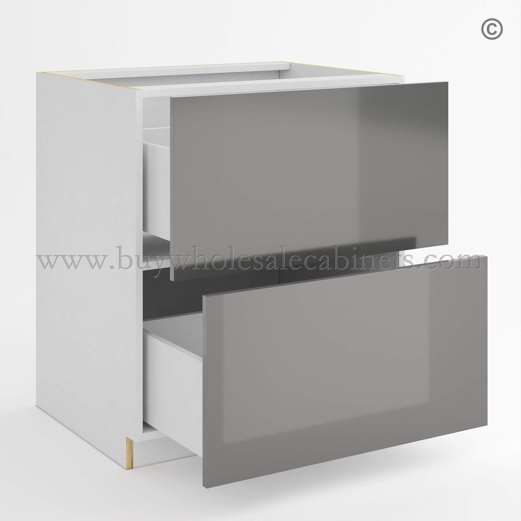 Frameless Gloss Gray Two Drawer Base Cabinet