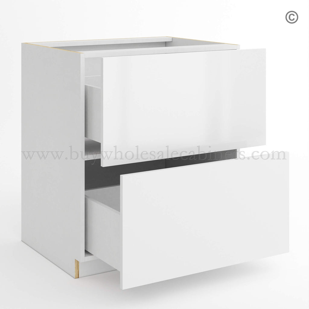 Frameless Gloss White Two Drawer Base Cabinet