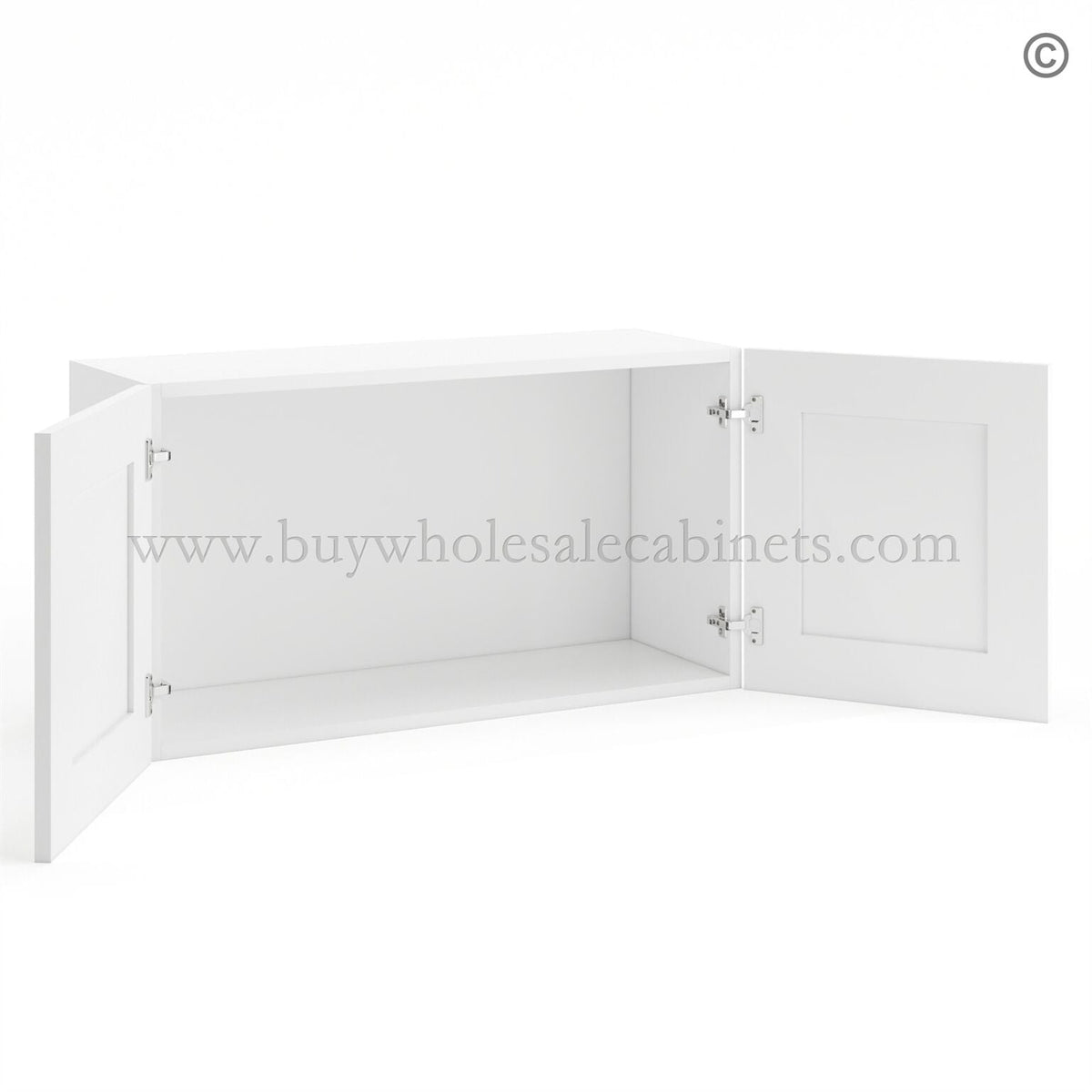 Frameless Modern White Shaker Deep Wall Cabinet – 2 Doors No Shelf – 12″D, 24″W